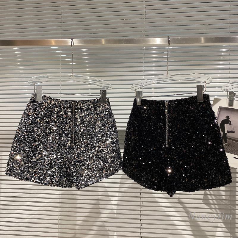 Whole Body Sequins Shorts Women Autumn Shiny Zipper Nightclub Short Femme Slim Fit Sliver Black 220415