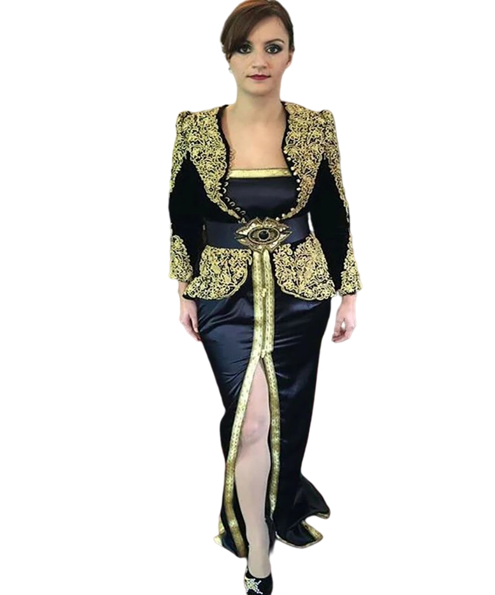 Karakou Algerien Black Arabic Prom Dresses 2022 Long Sleeve Peplum Gold Lace Front slit Dubai Evening Dress Robe Soiree
