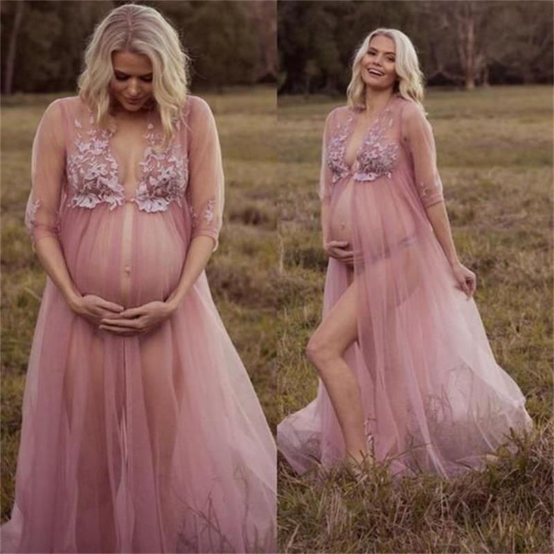 Prom Boho Dresses For Pregnant Women 2022 Sexy Evening Gowns With Sleeves Lace Applique Maternity Photoshoot Dress