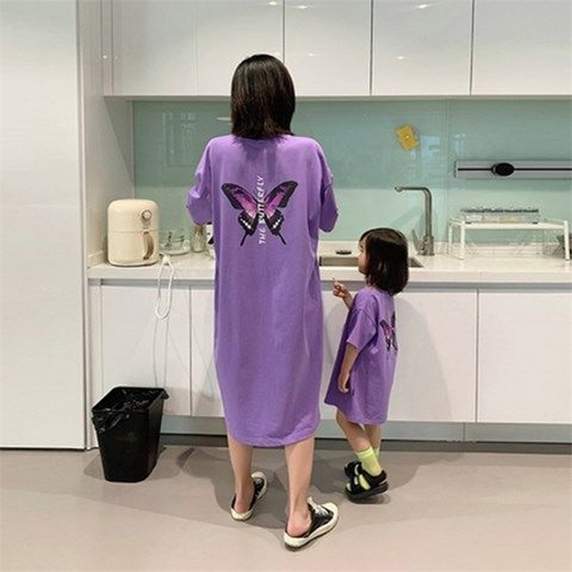 Parent child Short sleeved T shirt Skirt Mother And Women Summer Purple Dress Mom Baby 220614
