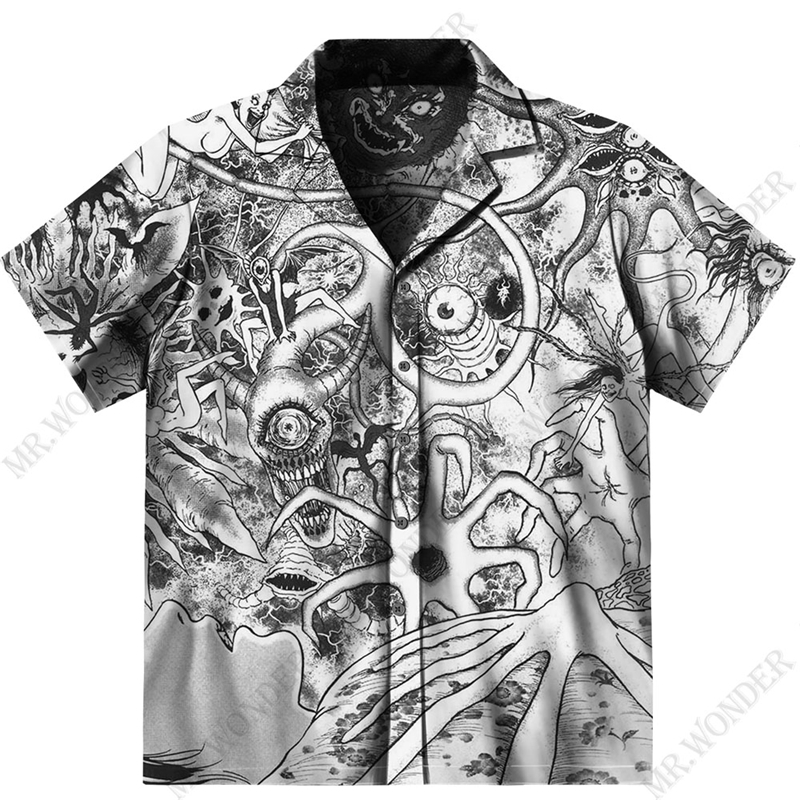 Mr.Wonder Novelty 3D Men's Horror Anime Manga Shirt Cool s Casual Button Down Beach Short Sleeve Hawaiian Tops 220322