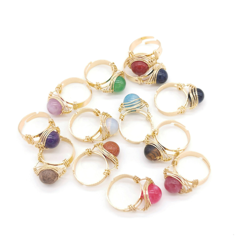 Hand Craft Bead Wire Wrapped Stone Finger Rings Reiki Healing Natural Amethysts Agates Rose Quartz Opal Rings Party Wedding Jewelry