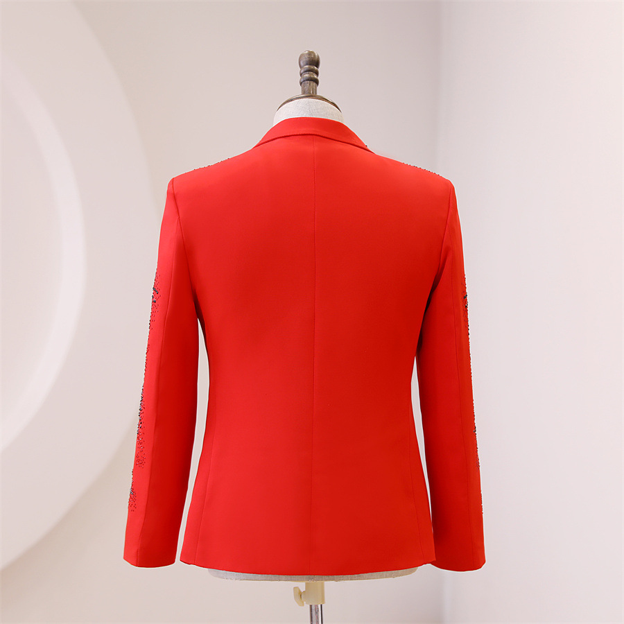 Men's Red Shiny Rhinestones Blazer Suits Male Singer Stage Concert Floor Show Suit Jacket Pants 2 Piece Set Groom Wedding Suit Formal Tuxedo