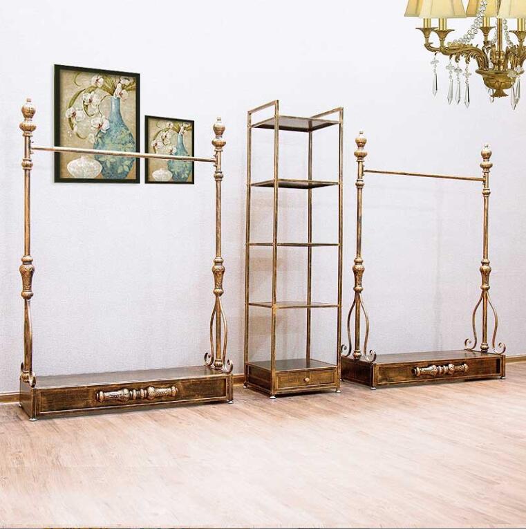 Clothing rack floor type cloth shop rack Commercial Furniture European iron retro display racks hanging clothes shelf gold bronze