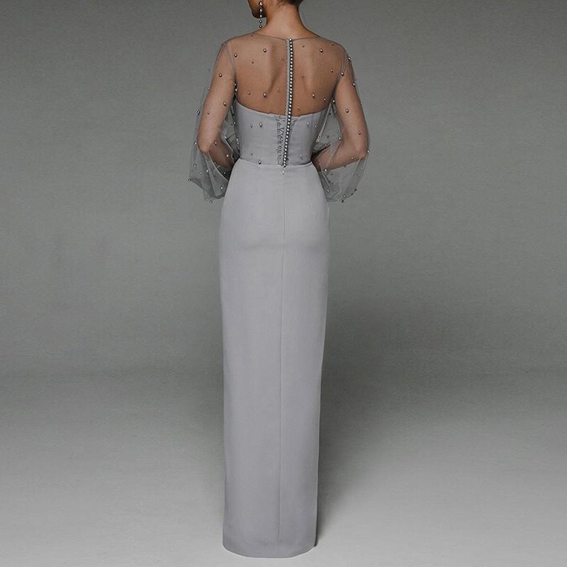 Casual Dresses Evening Party Dress Women Elegant Puff Sleeve White Formal High Waist Split Hollow Out Mesh Prom Wedding Long Maxi Fre