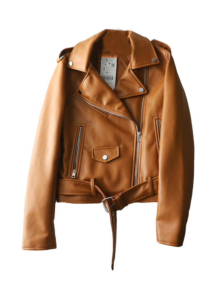 FMFSSOM Spring Autumn Women Zippers V-neck Faux Leather Jacket Minimalist Neutral Style Brown Motorcycle Jacket PU Streetwear 220817