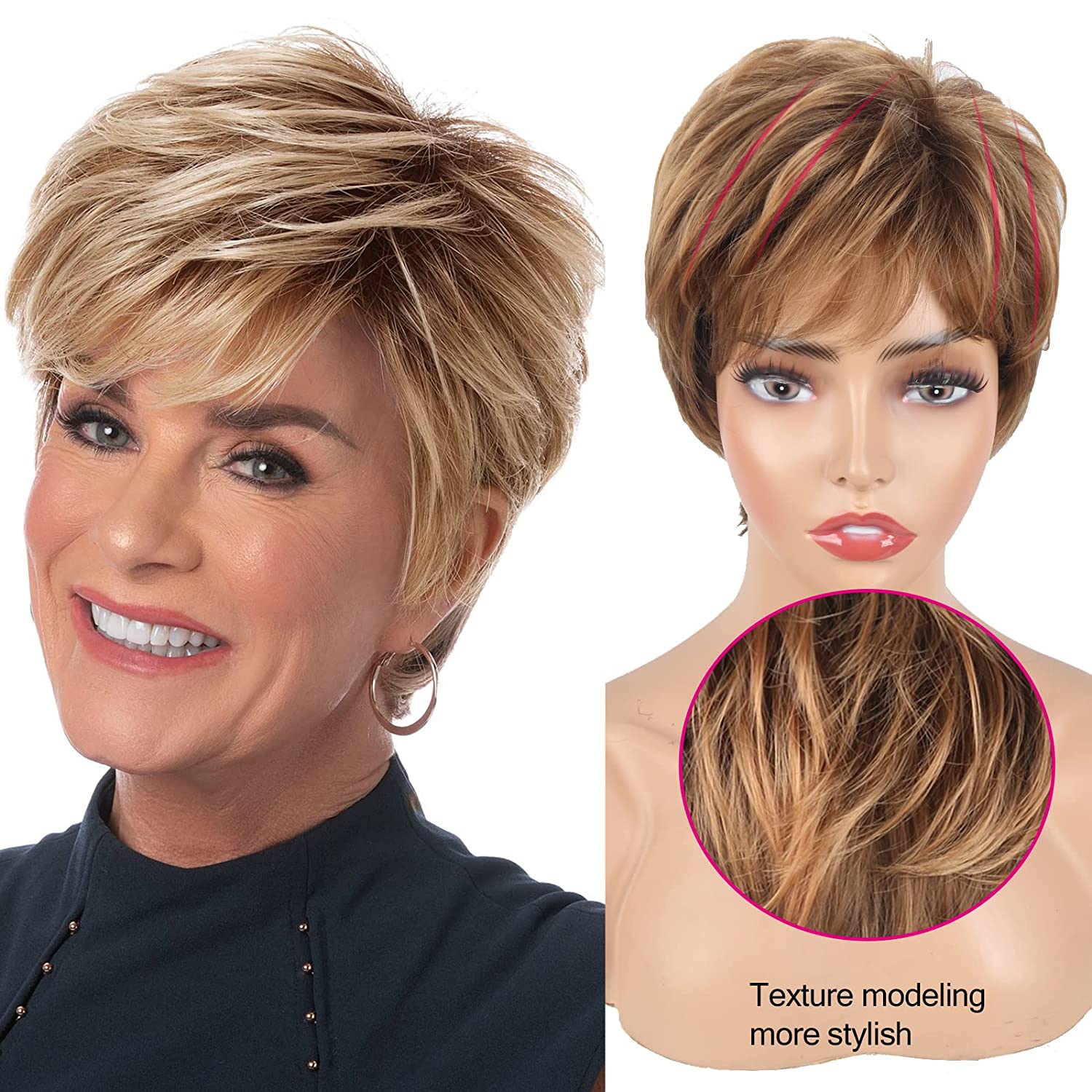Fashion Short Blonde Wigs for White Women Pixie Cut Wigs with Bangs Brown Mixed Honey Hair Wig Highlights Synthetic