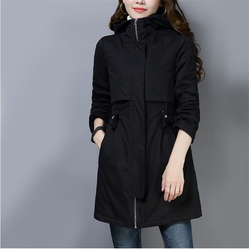Lining Windbreak Spring Autumn Female Jacket Slim Women Basic Coats MidLong Casual Tops Hooded Black Zipper vintage 220812