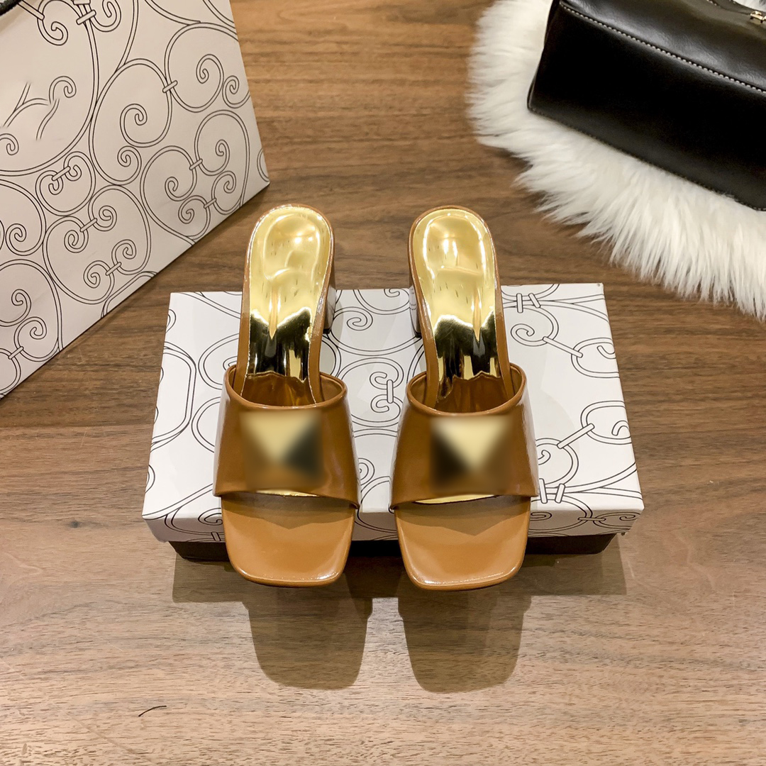 Designers high heels slipper V's fashion metallic button genuine leather designer exquisite slide sandals wear resistant sole women sandal slippers 6cm heels