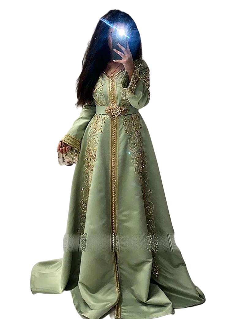 Sage Muslin Long Sleeve Prom Dresses Long Sleeve Lace Embroidery Beaded Moroccan Caftan middle East Evening Gowns