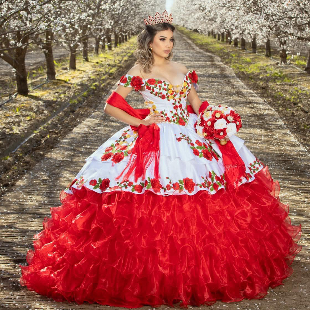 Mexican Charro Quinceanera Dresses 2022 With Flower Embroidery Off The Shoulder Corset Sweet 15 Years Dress Ball Gown Prom Party Birthday Ceremony For