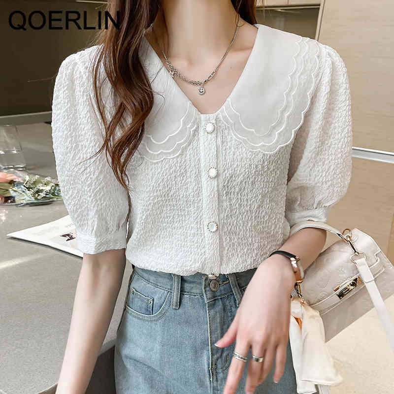 QOERLIN Blusas Mujer De Moda Double Layer Collar Elegant Shirts Turn Down Collar Puff Sleeve Blouse Korean Clothes Women Tops 210412