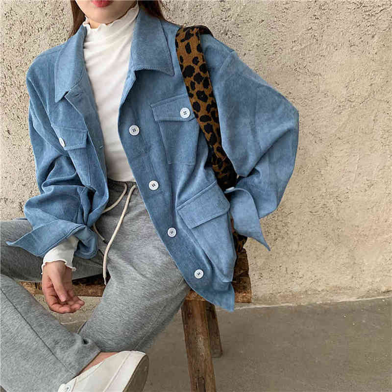 QoerliN Vintage Corduroy Shirt Jacket TurnDown Collar Long Sleeve Chic Leopard Printed Blouse 4 Pockets Blue Jacket Coat Women 210412