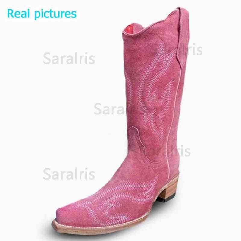 2022 New Trendy Spring Autumn Mid Calf Embroidered Western Boots Pointed Toe Comfort Low Heels Big Size 43 Women Cowboy Boots Y220707