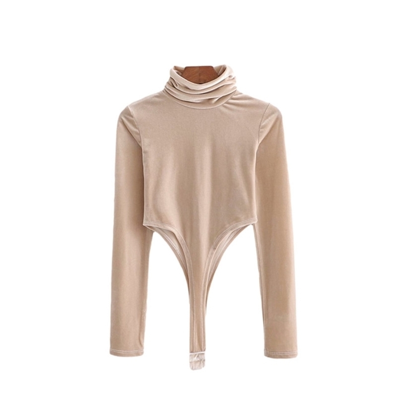 Casual Woman Camel Turtleneck Slim Golden velvet Bodysuits Spring Fashion Sexy Soft Bodysuit Female Elegant 210515