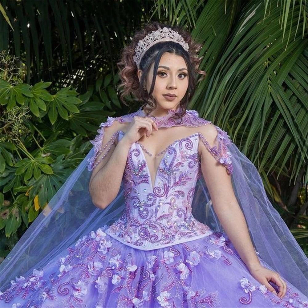 Luxury Lilac Lavender Ball Gown Quinceanera Dresses With Cape Lace Appliqued Flowers Beaded Corset Vestido De 15 Anos Floor Length Princess Sweet 16 D