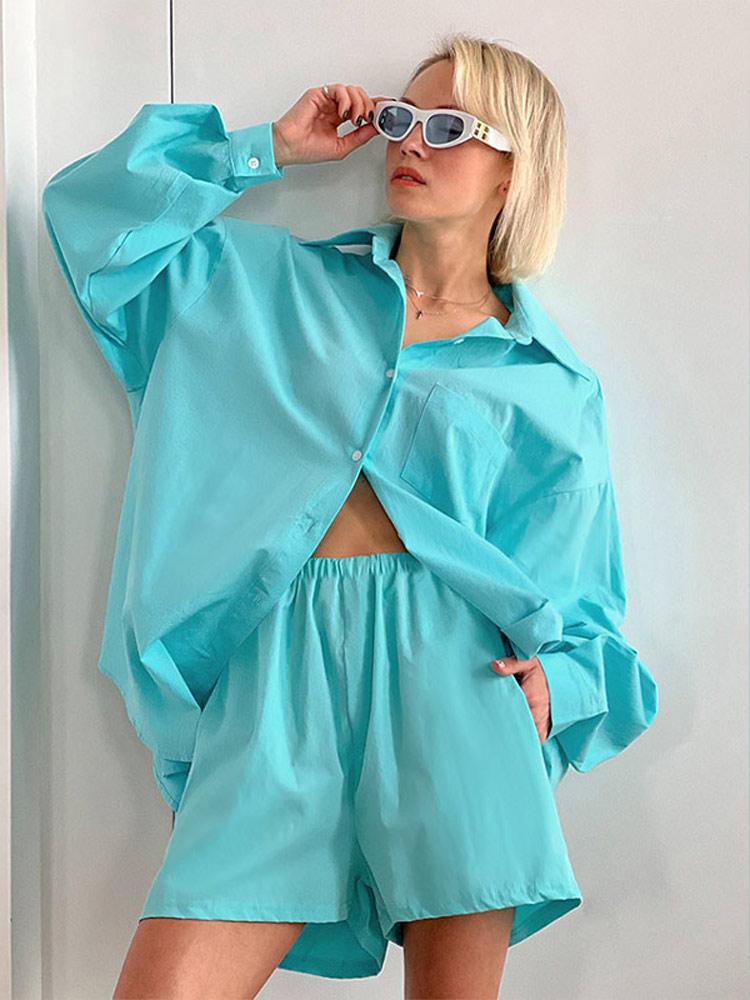 Women' Tracksuits Loose Women Long Sleeve Shirts 2Piece Summer Chic Pocket Lapel Single Breasted Shirt Lady Suit 2022 Casual Shorts Female, Blue
Women' Tracksuits Loose Women Long Sleeve Shirts 2Piece Summer Chic Pocket Lapel Single Breasted Shirt Lady Suit 2022 Casual Shorts Female, Blue