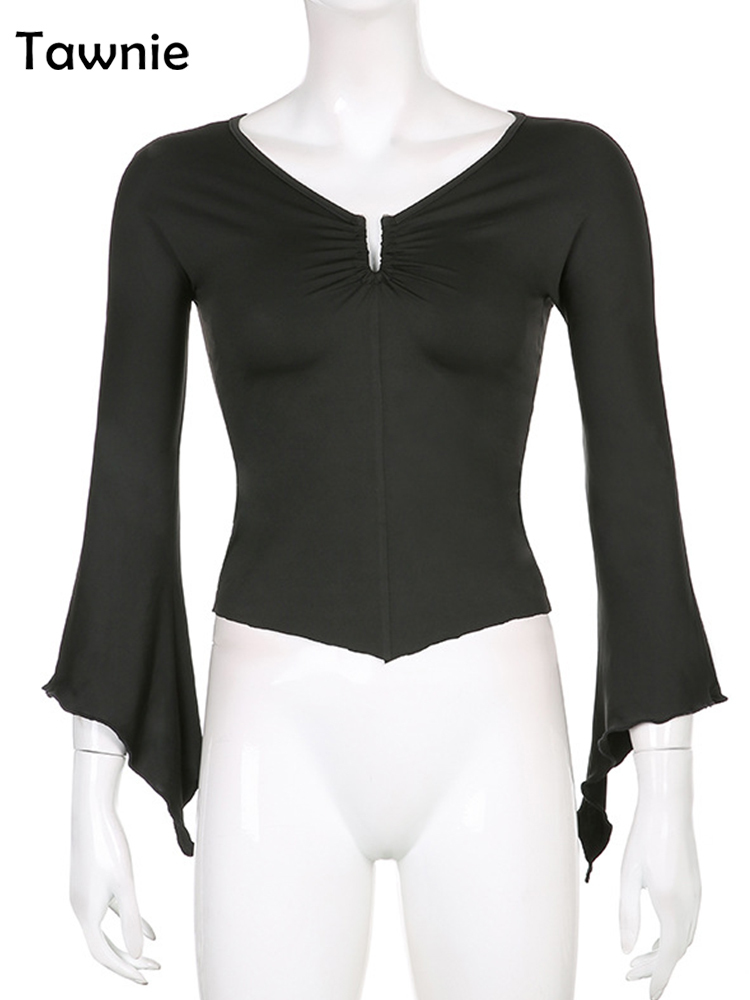 Gitana Vintage Flared Sleeve T Shirt Woman V Neck Slim Crop Top Kawaii Tee Shirts Tops Autumn Female Clothing Fairy Grunge 220328