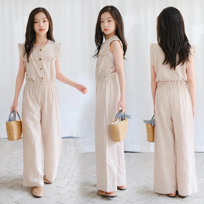 

Fashion Girl overall big kids Teenager Wide Leg Sleeveless Loose pants Cotton Clothes Apricot Children's Bodysuits 16 years A8823, As showed