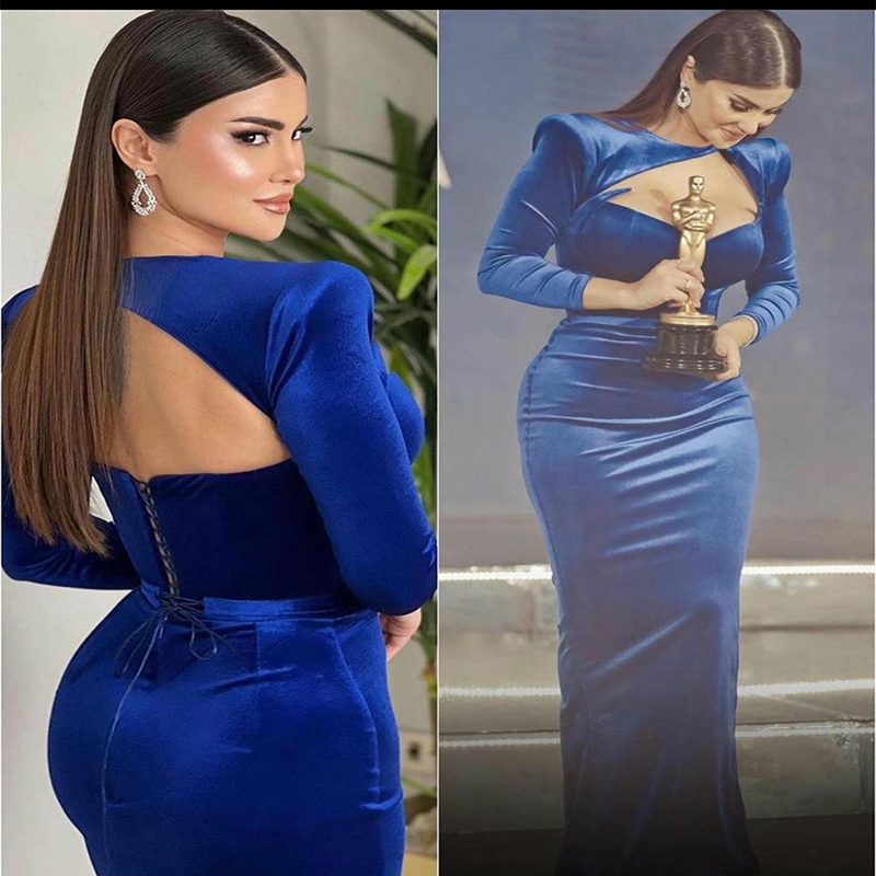 Elegant Royal Blue Mermaid Prom Dress 2022 Long Sleeve Velvet Arabic Evening Dress Dubai Keyhole Neck Backless Night Party Wear Vestidos De Noche Abay