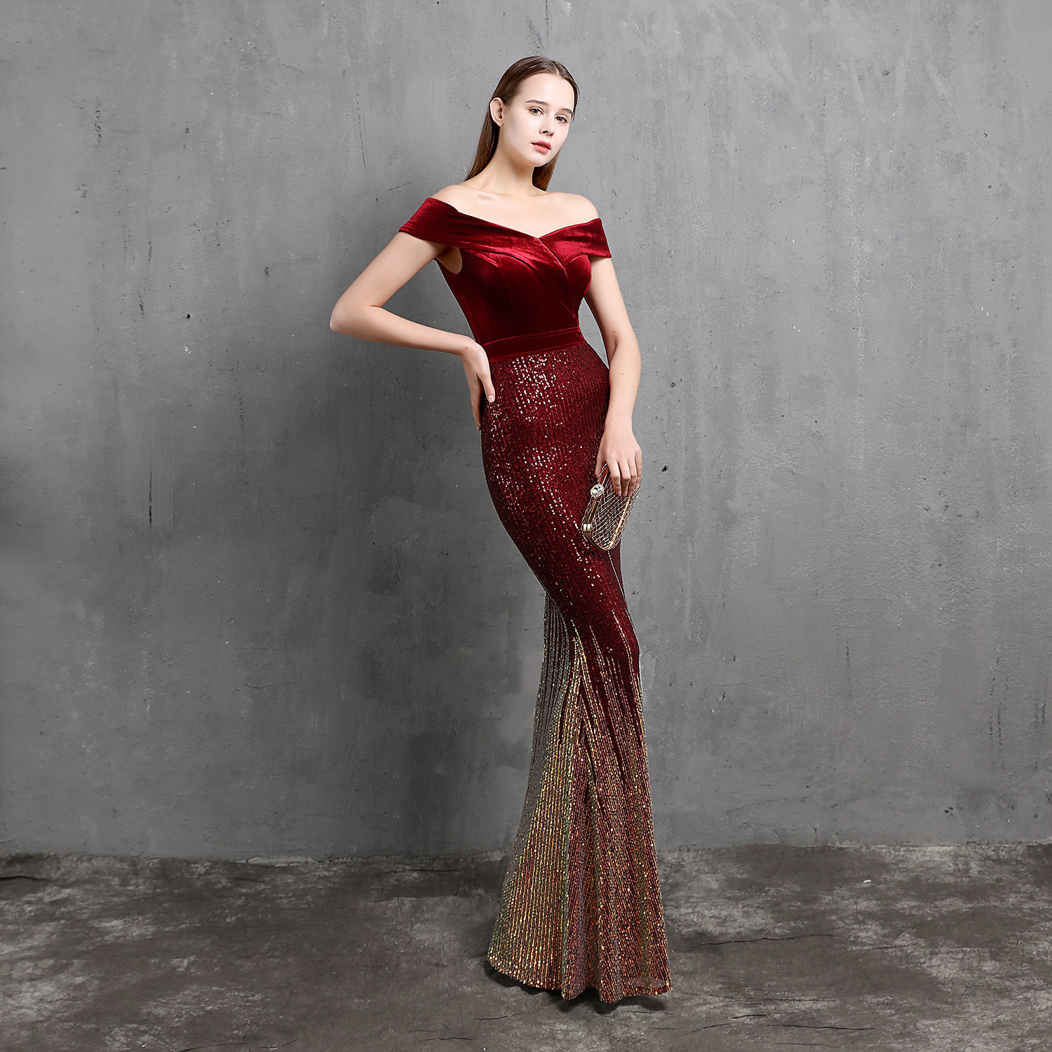 Elegant Mermaid Velvet Evening Dress 2022 Off The Shoulder Colorful Sequin Long Prom Dresses Plus Size Formal Sparkly Women Party Gown Vestidos De Fie