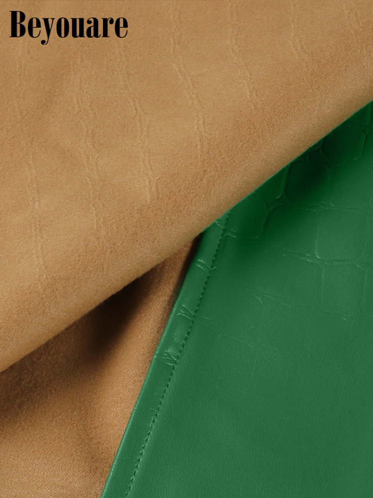 Beyouare Faux Leather Pattern A-Line Skirt Women Fashion Elegant Solid Green High Waist Split Mini Skirts Autumn 220317