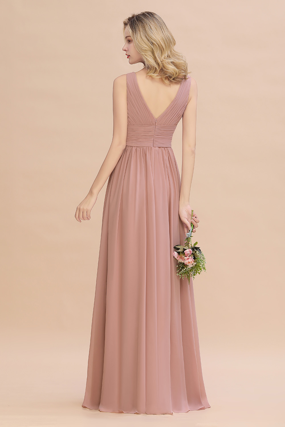 Dusty Pink Chiffon Bridmesaid Dresses Designer A Line V Neck Pleats Long Summer Garden Bohemian Wedding Guest Maid of Honor Gowns Custom Made BM0752