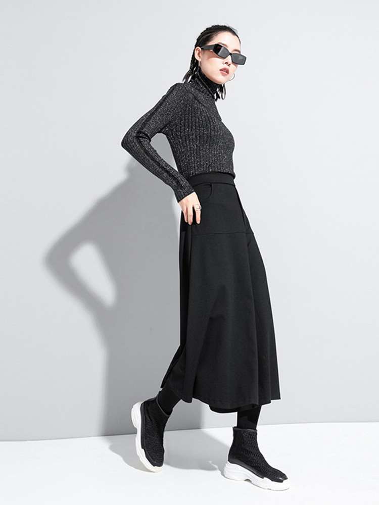 [EAM] High Elastic Waist Black Brief Long Wide Leg Trousers Loose Fit Pant Fashion Spring Autumn 1DA610 220325