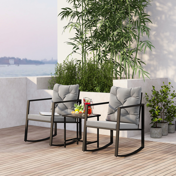 Dining Room Furniture 3 Pieces Patio Furniture Outdoor Bistro Conversation Sets with Metal Rocking Chairs and Glass Coffee Table Gray