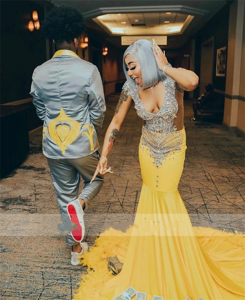 Yellow Light Mermaid Prom Dresses Feather Rhinest Size Aso Ebi