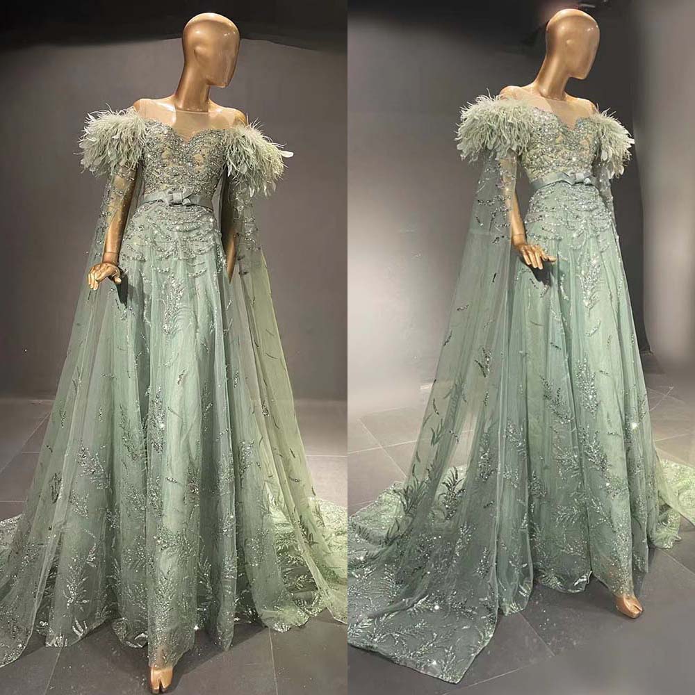 Green A-line Evening Dress Glitter Lace Sequins Appliques Beads Ostrich Feather Floor Length Sleeveless Chiffon Ruffles Elegant Custom Made Plus Size 