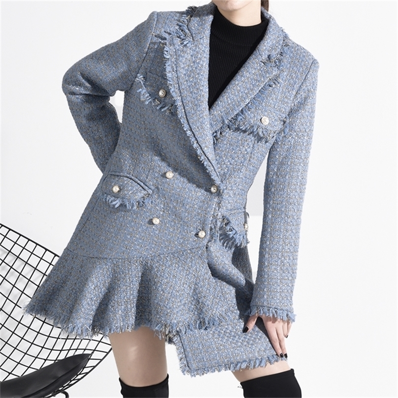 EWQ Korea Fashion Trends Slim Women Woolen Coat Spring Autumn Sweet Full Sleeve Double Breasted Tweed Coats QZ06405 201222