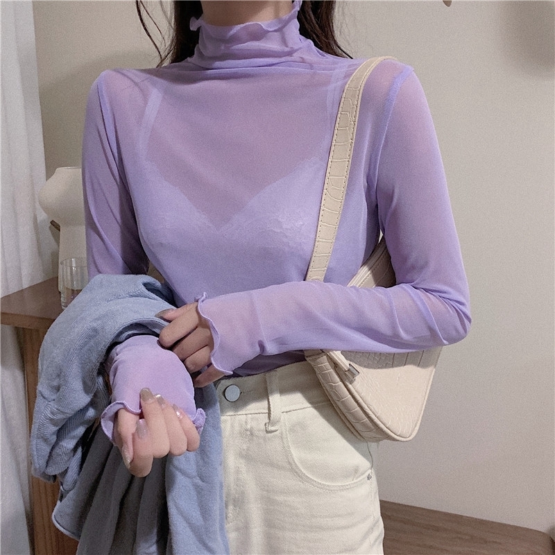 TingYiLi High Neck Sheer Mesh Top Women Long Sleeve Turtleneck T shirt Korean Sexy See Through Black White Pink Purple Shirt 220714