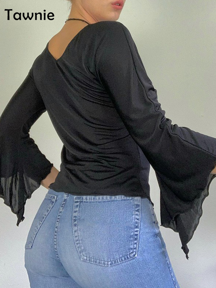 Gitana Vintage Flared Sleeve T Shirt Woman V Neck Slim Crop Top Kawaii Tee Shirts Tops Autumn Female Clothing Fairy Grunge 220328