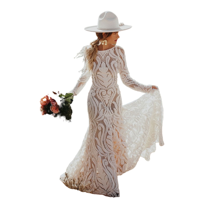 Long Sleeve Bohemian Mermaid Wedding Dresses Full Lace Backless Western Country Outdoor Farm Bridal dress vestido lorie