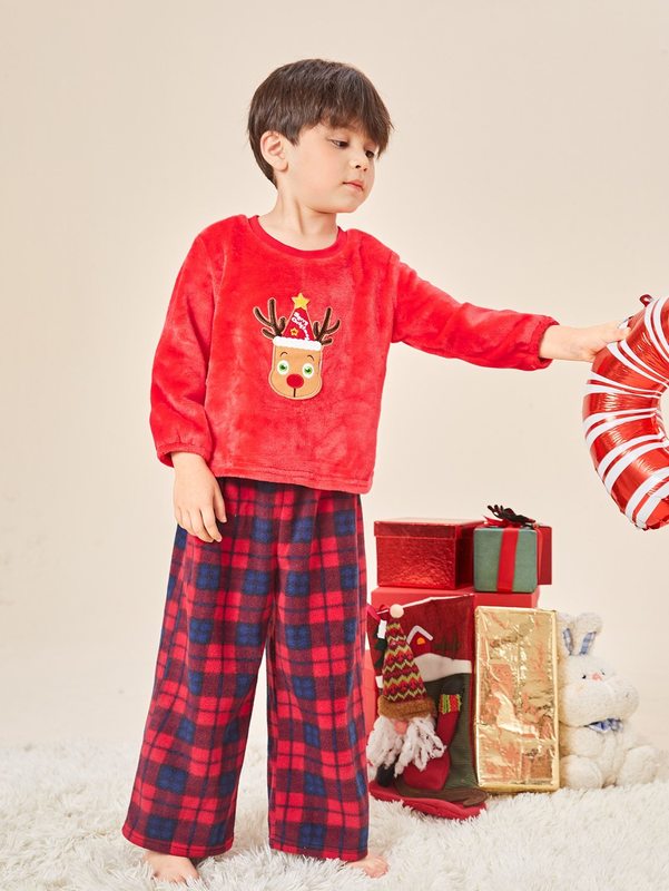 Toddler Boys Christmas Elk Embroidery Patched Flannel Top & Tartan Pants PJ Set SHE