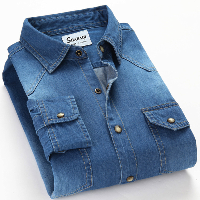 SHAN BAO Men's Slim Denim Shirt spring High Quality 100% Cotton Square Collar Pocket Button Fashion Long Sleeve 220322