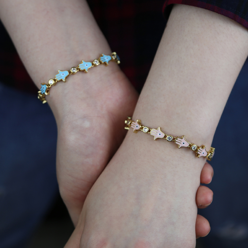 New Arrived Blue Pink Enamel Hamsa Hand Charm Connector Jewelry Gold Color Micro Pave Clear Cz Station Fatima Hand Bracelet