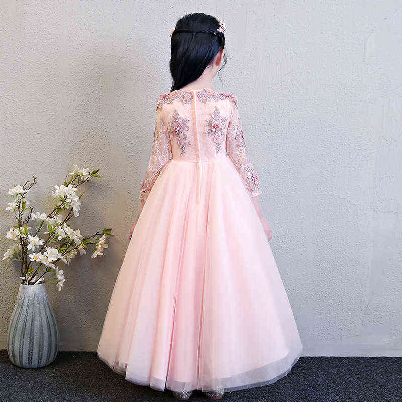 Elegant Pink Tulle Flower Girl Dress for Wedding Long Sleeve Appliques Kids Party Prom Dress First Communion Dresses Princess Y220510