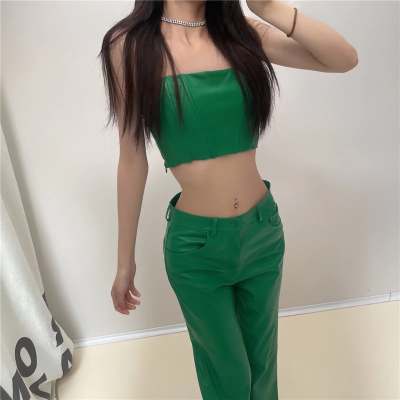 TRAF Off Shoulder Top Women Green Crop Female Faux Leather Corset Ruched Tube Sexy Woman Tank s Backless Bustier s 220316