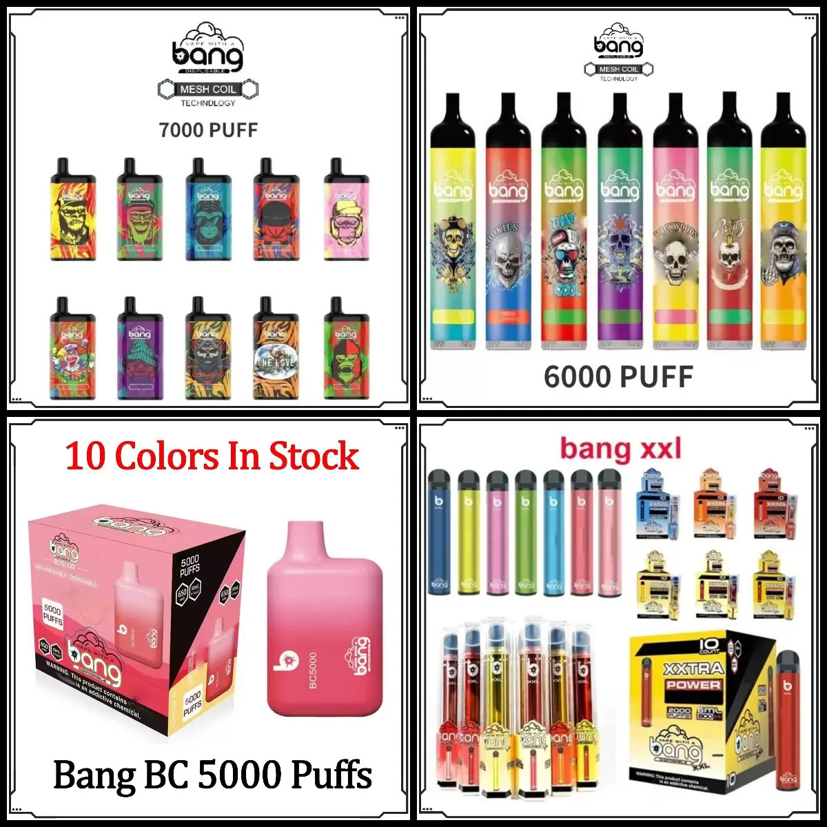 Original Bang Mesh Coil7000 6000 5000 Puff Vape Device Starter Kit 650mAh Rechargeable Battery BC 5000 XXL 13ml Cartridge Genuine Wholesale
Original Bang Mesh Coil7000 6000 5000 Puff Vape Device Starter Kit 650mAh Rechargeable Battery BC 5000 XXL 13ml Cartridge Genuine Wholesale