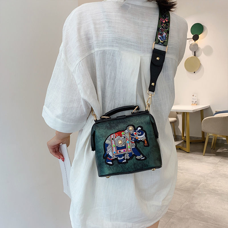 Vintage Embroidery Elephant Bag Bags Wide Butterfly Strap PU Leather Women Shoulder Crossbody Bag Tote Women's Handbags Purses 220413