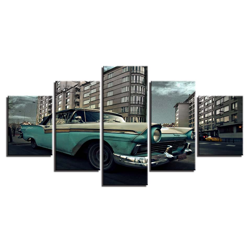 Retro green leather car on the road 5 pcs Modern Home Wall Decor Canvas Picture Art HD Print Painting On Canvas for Living Room