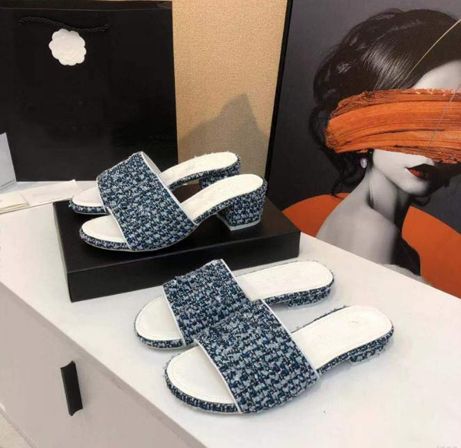 

Luxurious new woolen knitted women's weave slippers and sandals summer fashion outerwear all-match one-word flat casual Ladies mid-heel slippers 34-41