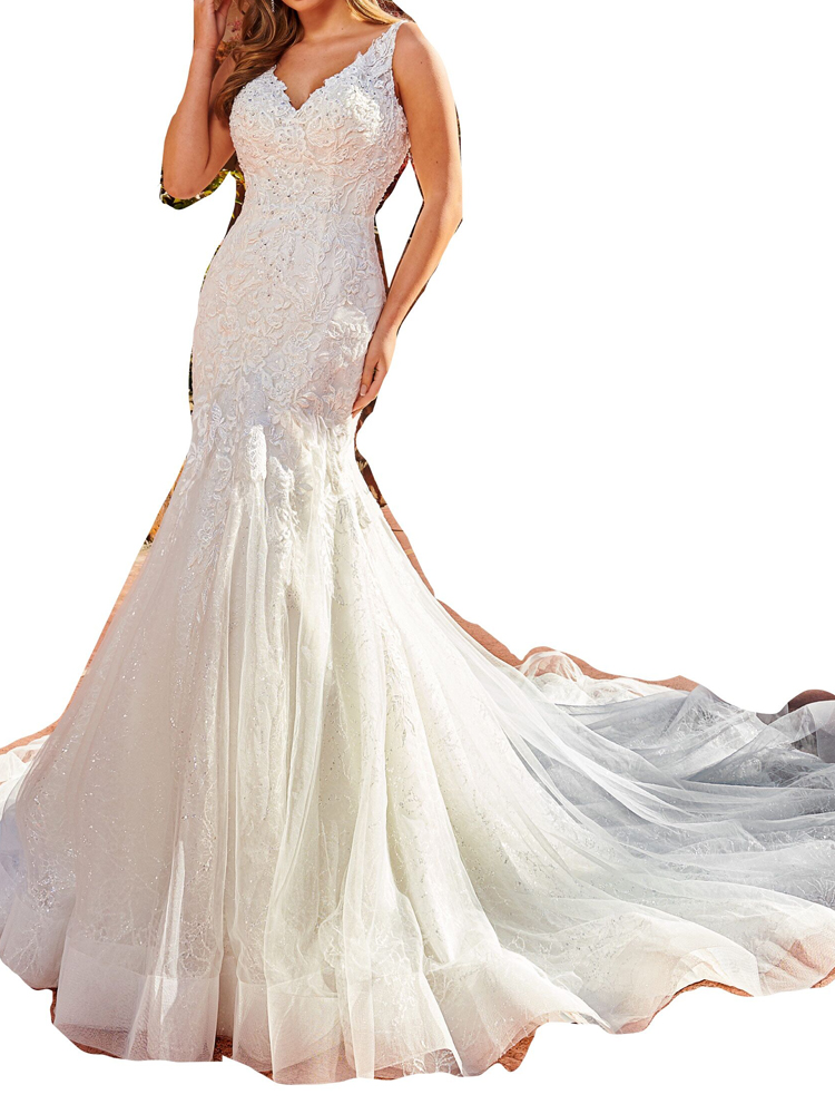 Sexy Mermaid Bridal Gowns Wedding Dresses Floral Applique with Sequins Court Train