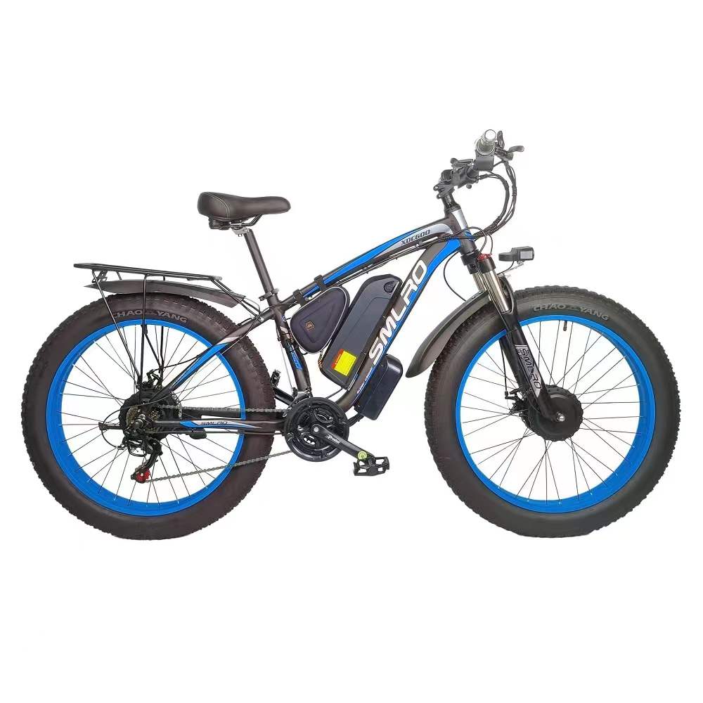 

Smlro XDC600 26 Inch Double Motor Electric bicycle 4.0Fat tire 48V 22.4AN 2000W 55kM/H 65km Mileage Hydraulic brake Electric Bike SHIMANO 21 speed Beach E-Bike For Adult, Black blue