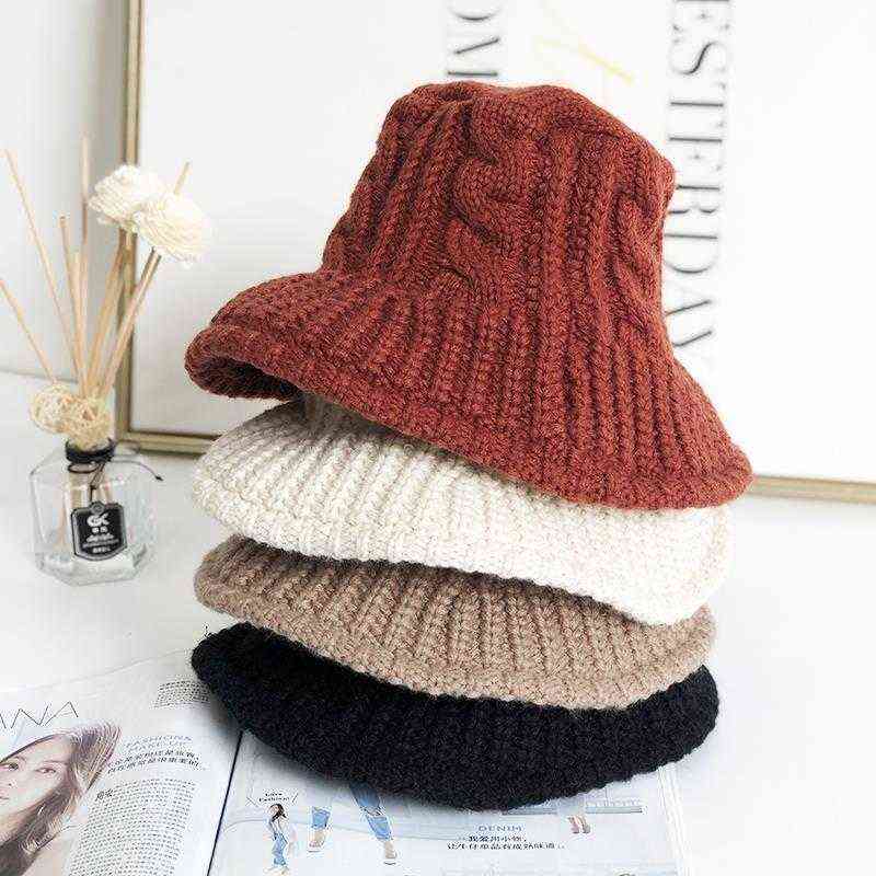 Bucket Hats Women Winter Thicken Knitting Warm Basin Caps Korean Style Students All-match Folding Solid New Womens Stylish Retro Y220406