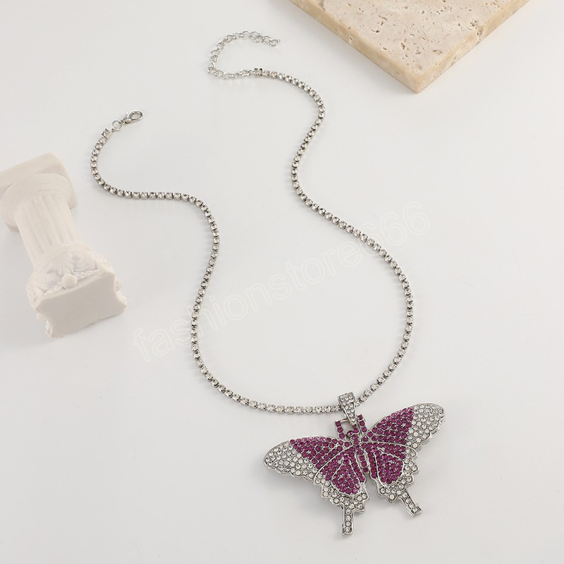Sparking Fully Iced Out Crystal Pave Butterfly Pendant Fashion Rhinestone Bling Animal Necklace For Women Party Gift
