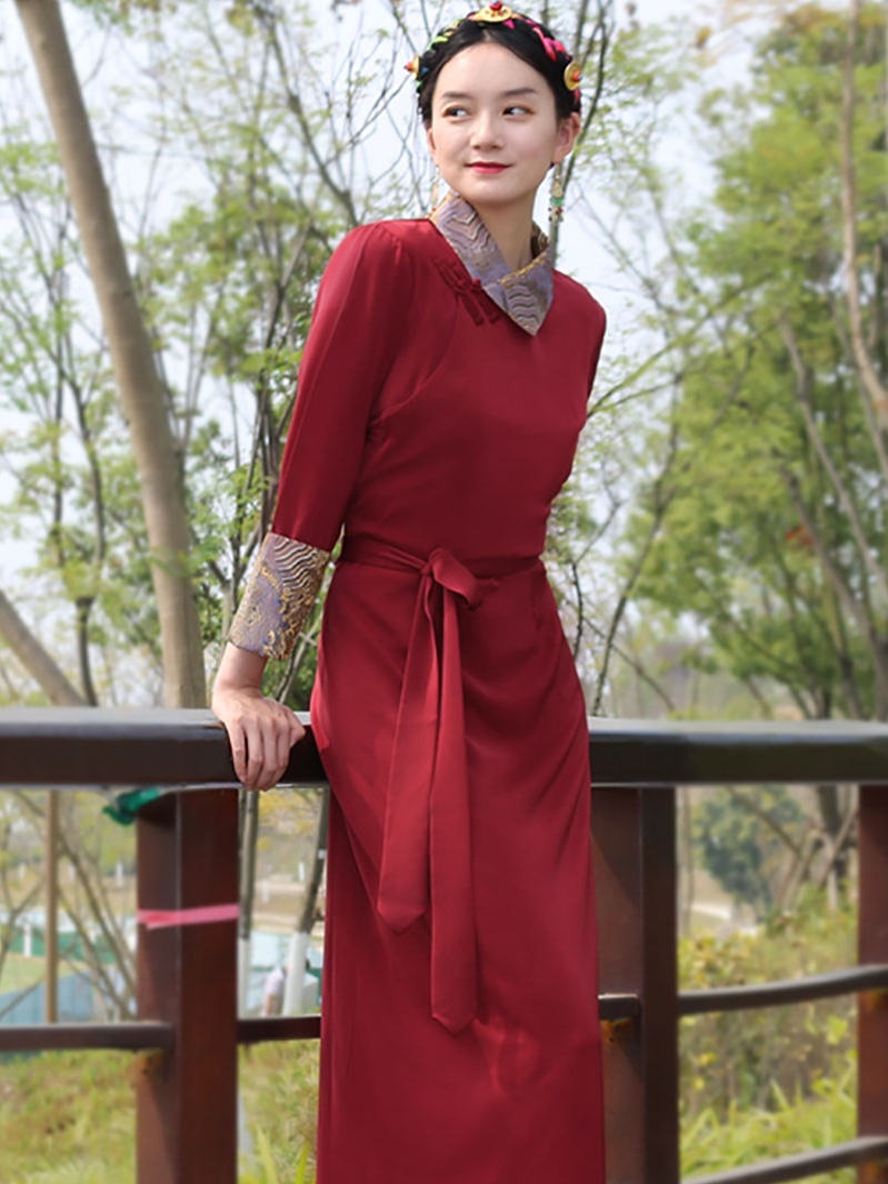 Modern Women ethnic clothing national style cheongsam long Sleeve Qipao Traditional oriental gown Asia elegant dress tibetan costume