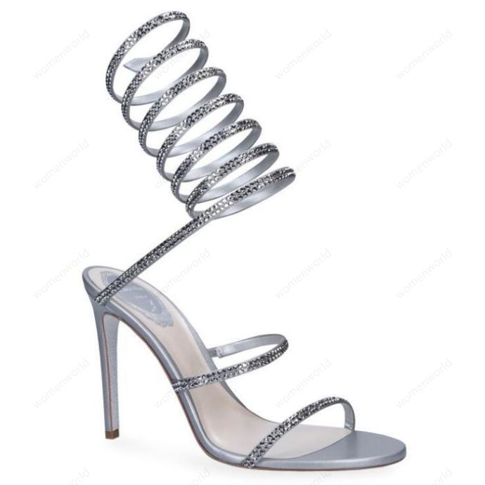 

RENE CAOVILLA Cleo open toe sandals crystal embellished spiral wrap around sandals twining rhinestone sandal women Top quality silver stiletto heels shoes, Only a boxes